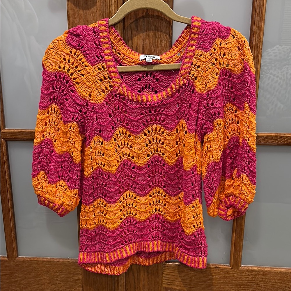 525 America Pink and Orange Crochet Wave Knit Scoop Neck Sweater
